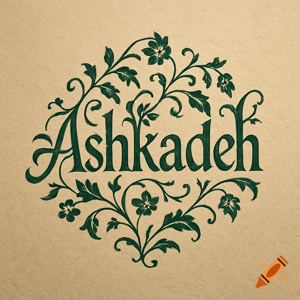 The word "Ashkadeh" in elegant green script, surrounded by a symmetrical green floral vine pattern, on a textured beige background.