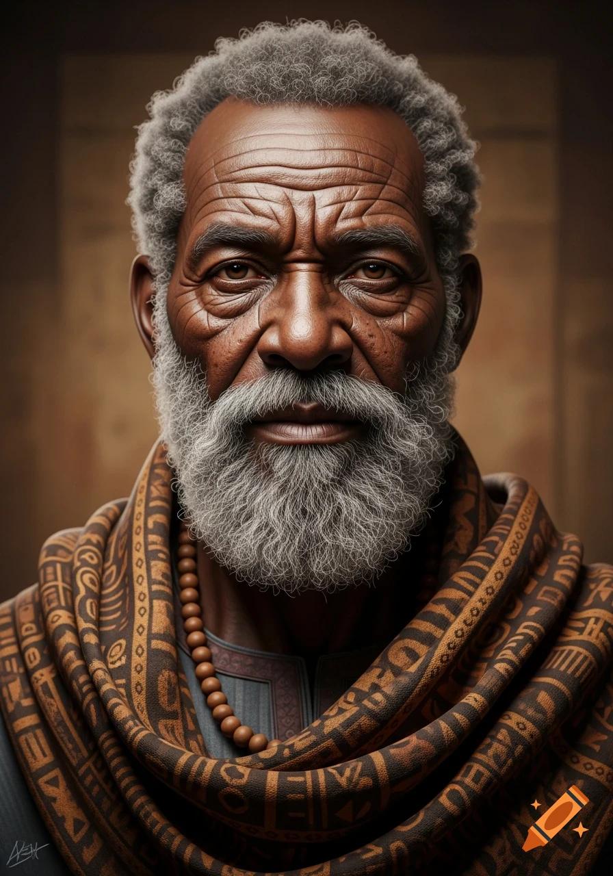 Photorealistic portrait of an old Black man with grey hair and beard, wearing a patterned brown scarf and beaded necklace.