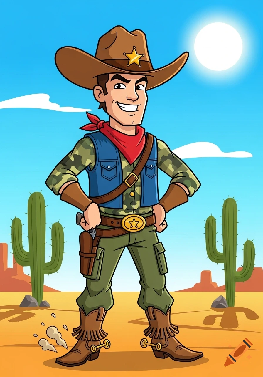 A smiling cartoon cowboy in a desert with cacti.