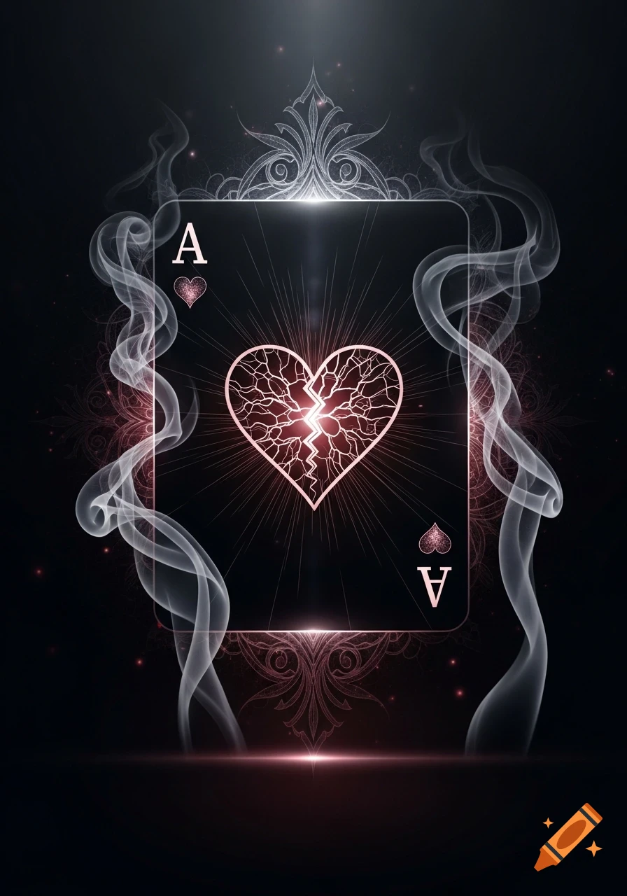 A stylized dark ace of hearts playing card featuring a glowing, fractured heart symbol, surrounded by ethereal smoke.