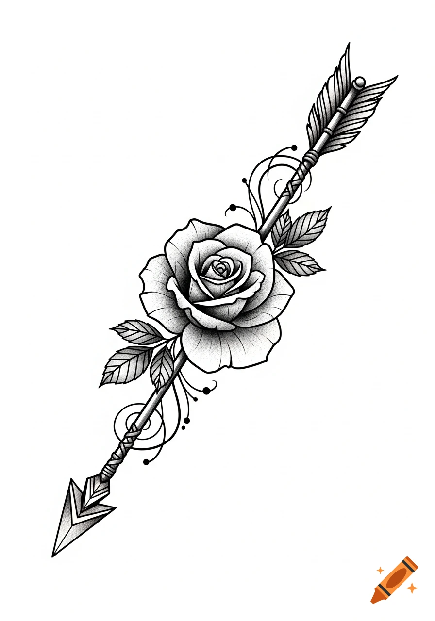 Black and white tattoo design featuring a detailed rose with leaves intertwined with an arrow, rendered in an illustrative style.