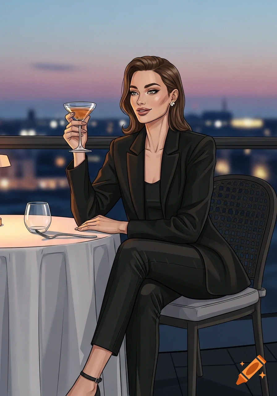 Illustrated woman in a black suit sits on a terrace at dusk, holding a cocktail with a city skyline behind her.
