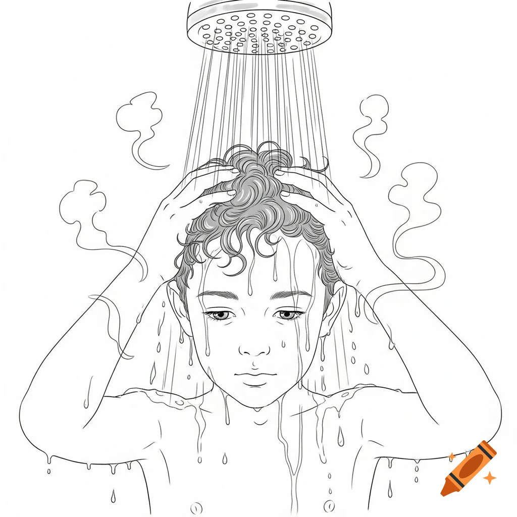 Line art drawing of a child washing their curly hair in a shower, with water and steam.