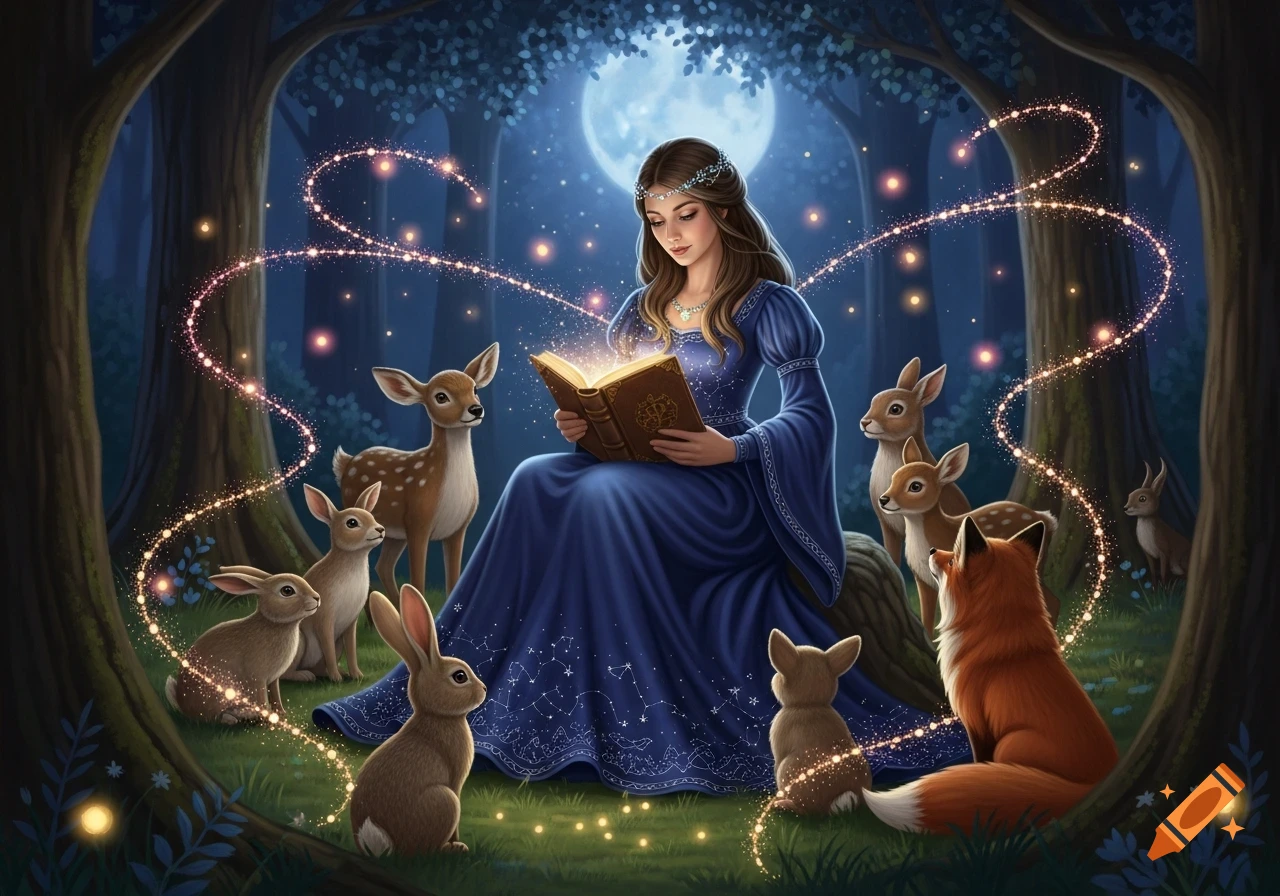 A fantasy illustration of a woman in a blue dress reading a glowing book to deer, rabbits, and a fox in a moonlit forest with sparkling lights.