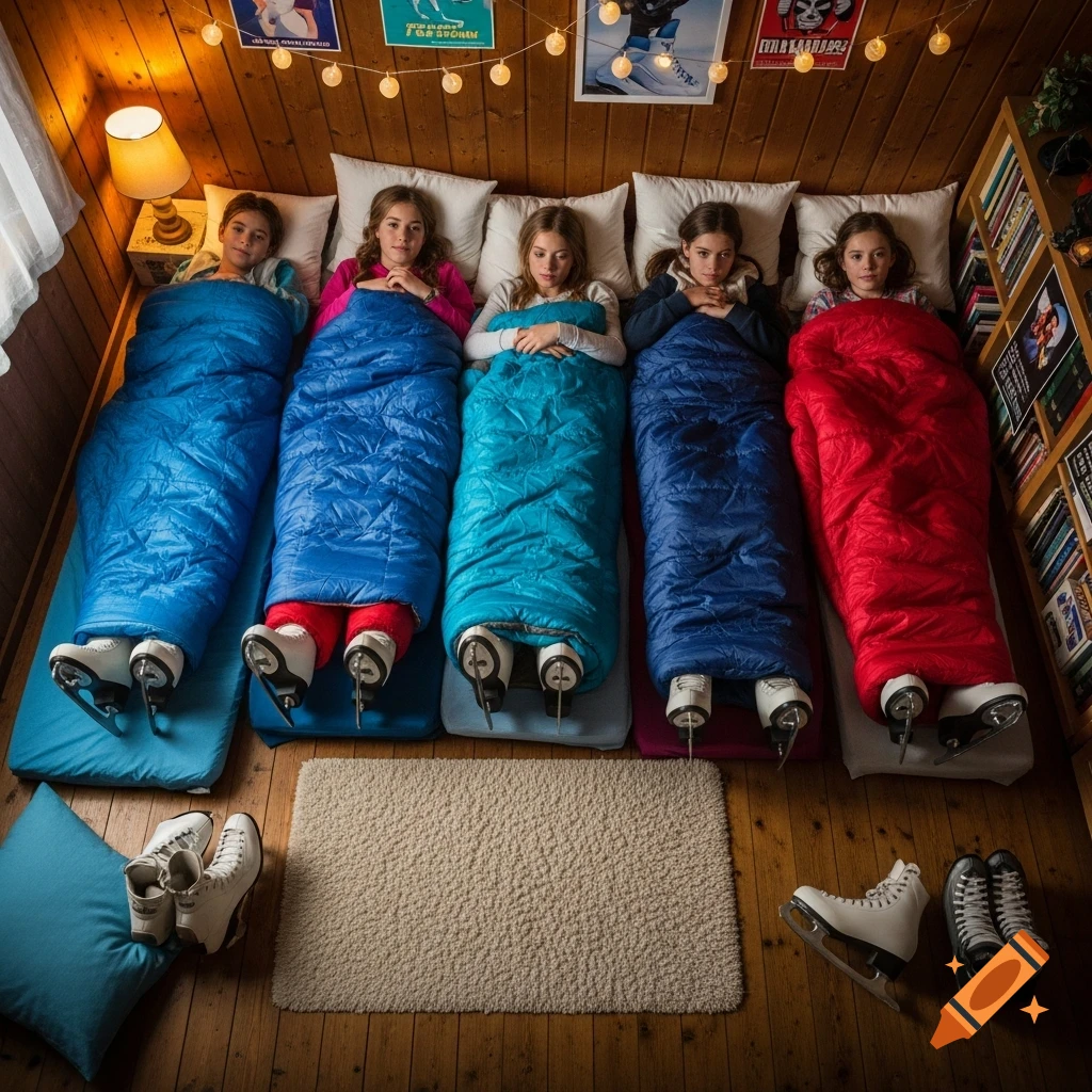 Five girls sleep in a row in colorful sleeping bags, with their ice skates sticking out from the bottom, during a slumber party.