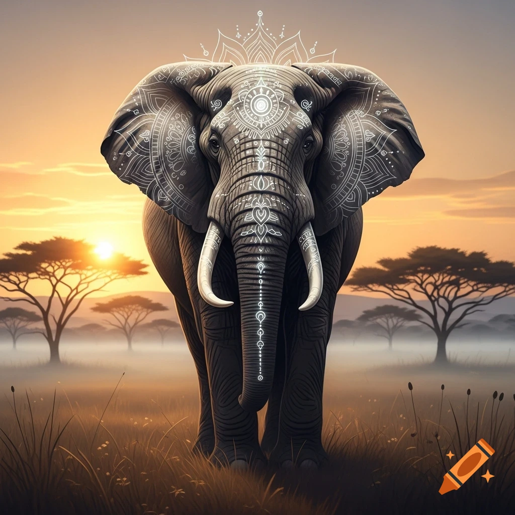 A majestic elephant with white mandala patterns on its ears, trunk, and tusks stands in a grassy savanna at sunset.