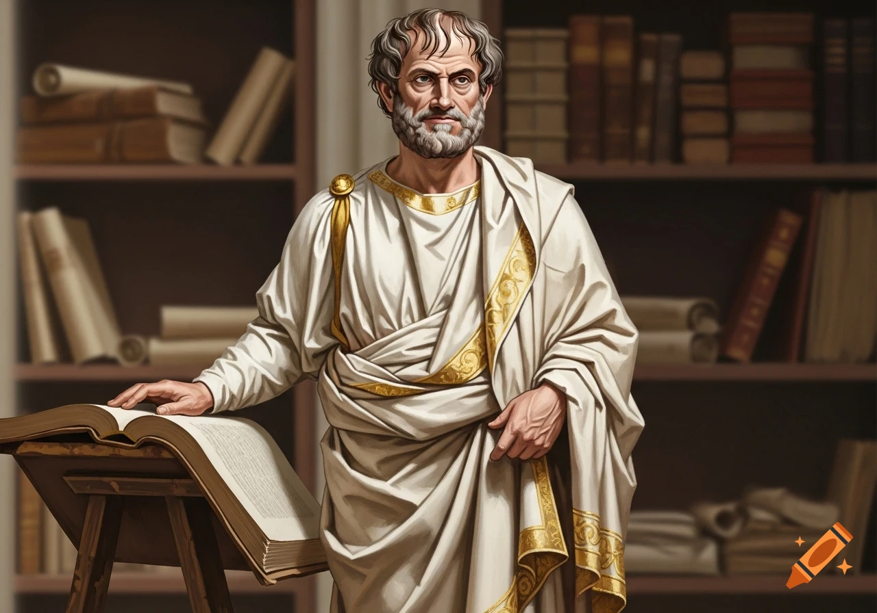 Bearded Aristotle in white and gold toga stands by an open book on a stand in a library, in a classical illustrative style.