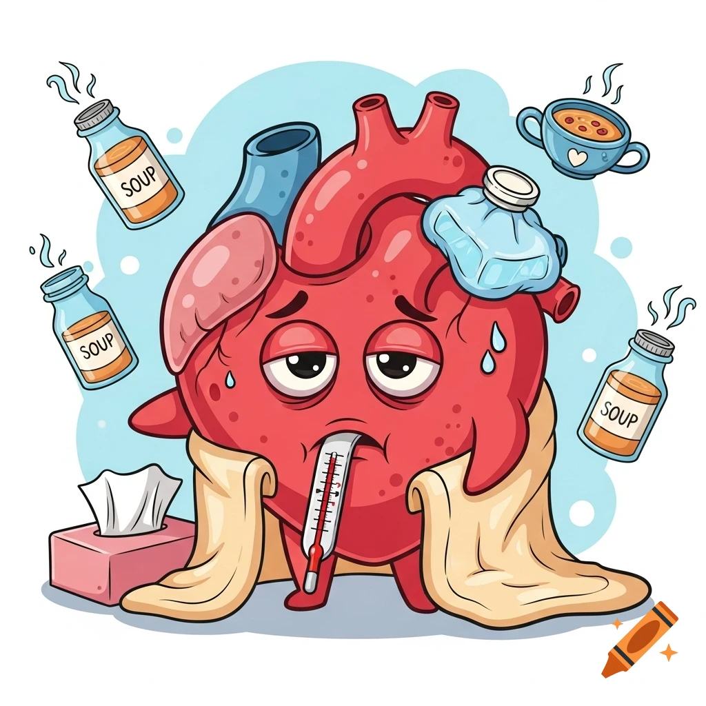 A cartoon heart, sick with a thermometer in its mouth, wrapped in a blanket, surrounded by soup, an ice pack, and tissues.