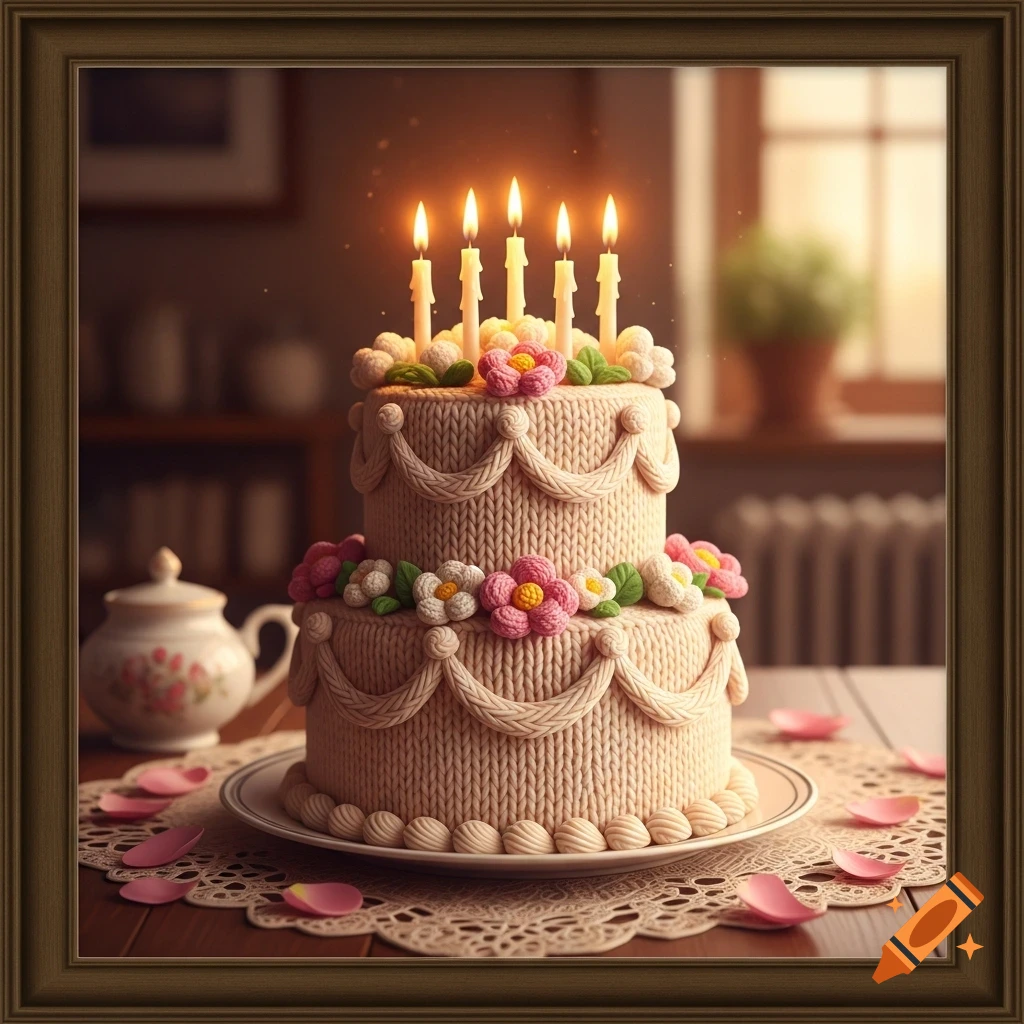 A two-tiered knitted cake decorated with pink and white flowers and five lit candles, on a table with rose petals.