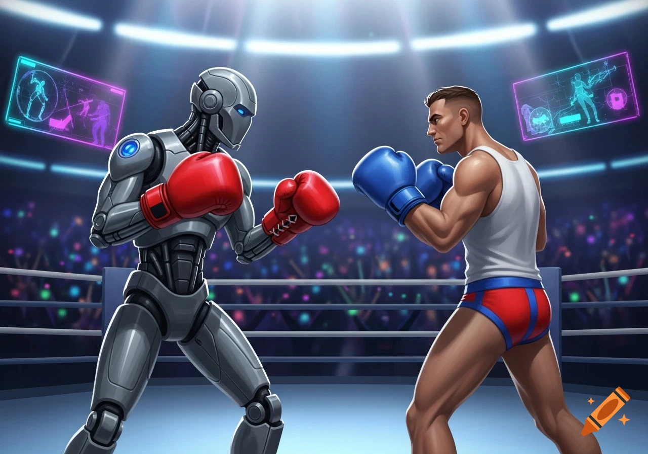 A gray robot with red gloves boxes a man in blue gloves and a white tank top inside a boxing ring in a futuristic arena.