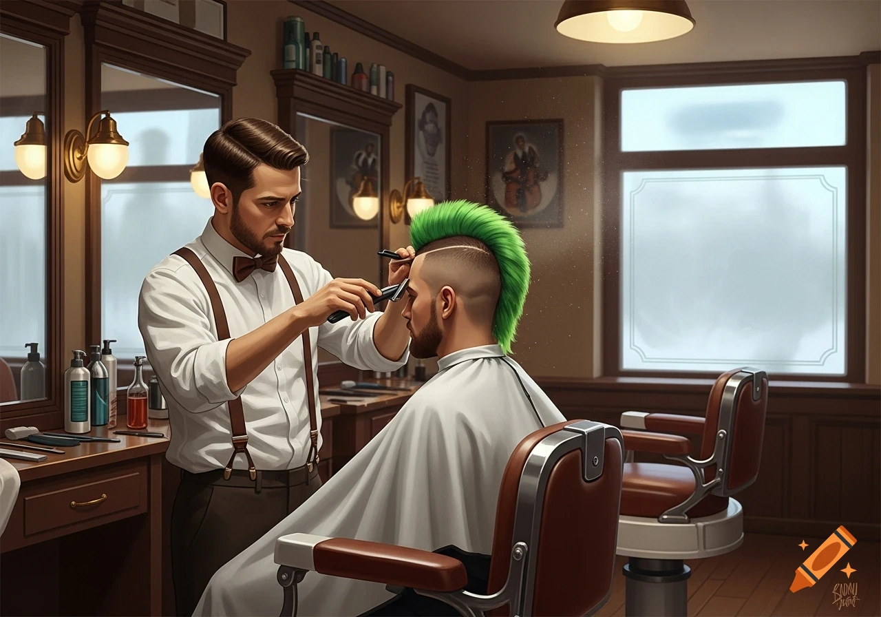 A barber with a bow tie and suspenders gives a man with a bright green mohawk a haircut in a classic barber shop.