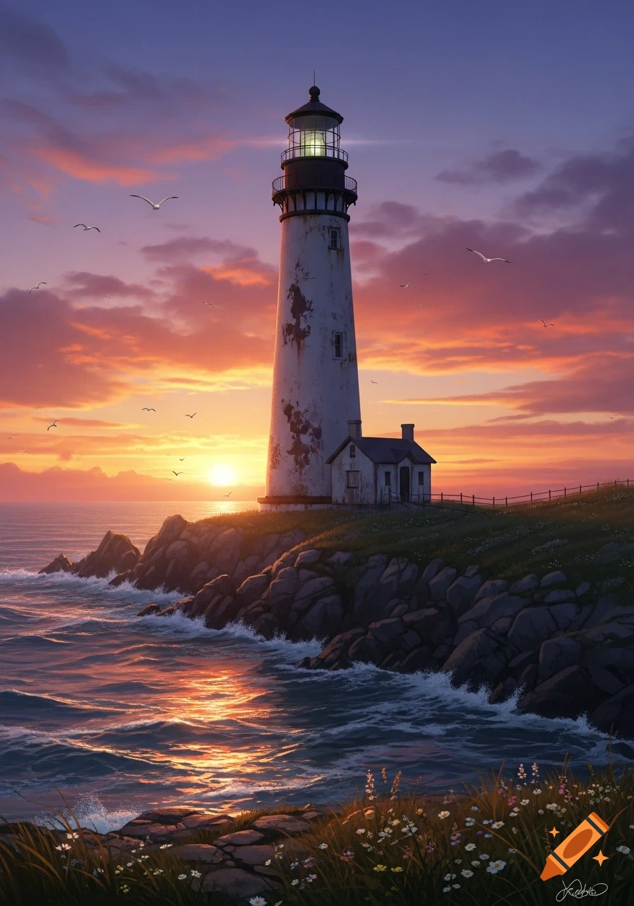 A majestic lighthouse on a rocky cliff overlooking a serene ocean at a vibrant sunset, with seagulls flying.