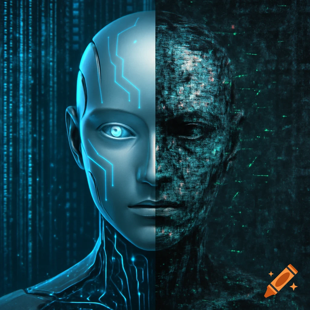 Split face showing a metallic blue robot with glowing circuits on one side and a dark, glitching human face made of green data on the other.