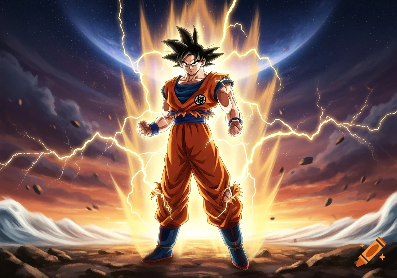 Goku powers up with a golden aura and lightning on a rocky ground under a twilight sky, anime style.