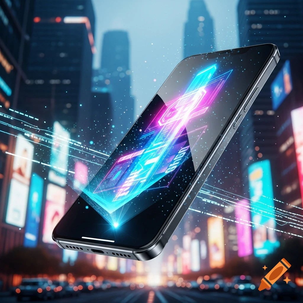 A futuristic smartphone with a glowing neon and geometric screen floats ...