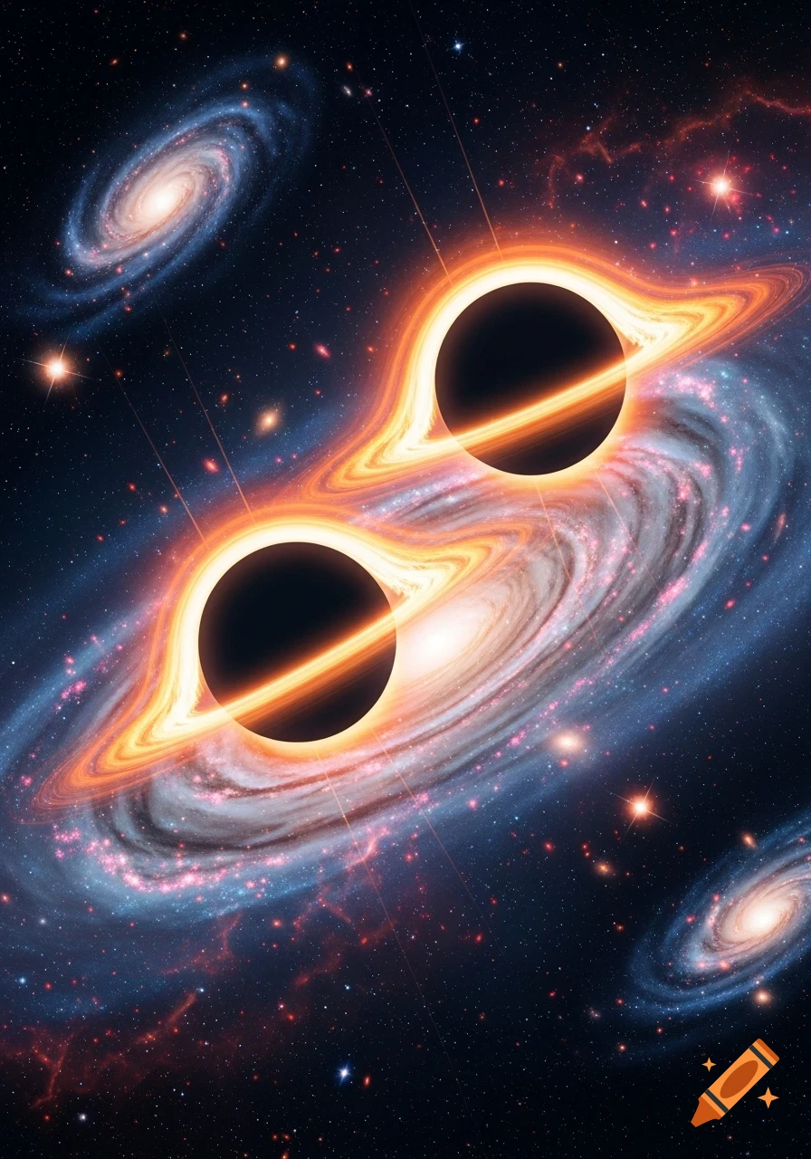 Two black holes with glowing accretion disks in the center of spiral galaxies, surrounded by stars in deep space.