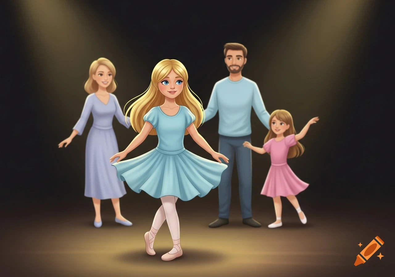 Cartoon illustration of a blonde girl in a blue ballet dress dancing in a spotlight on stage, with her family watching in the background.