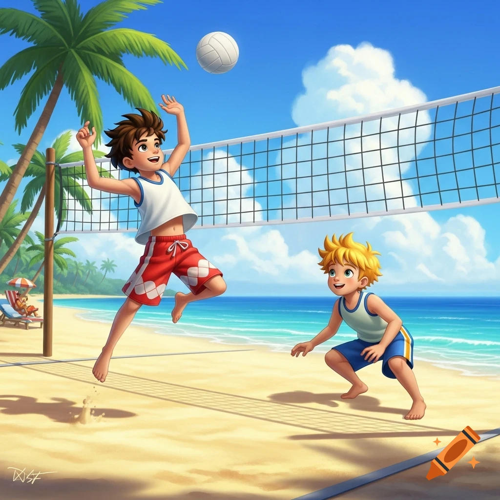 Two happy cartoon boys playing volleyball on a sunny beach with palm trees and ocean.