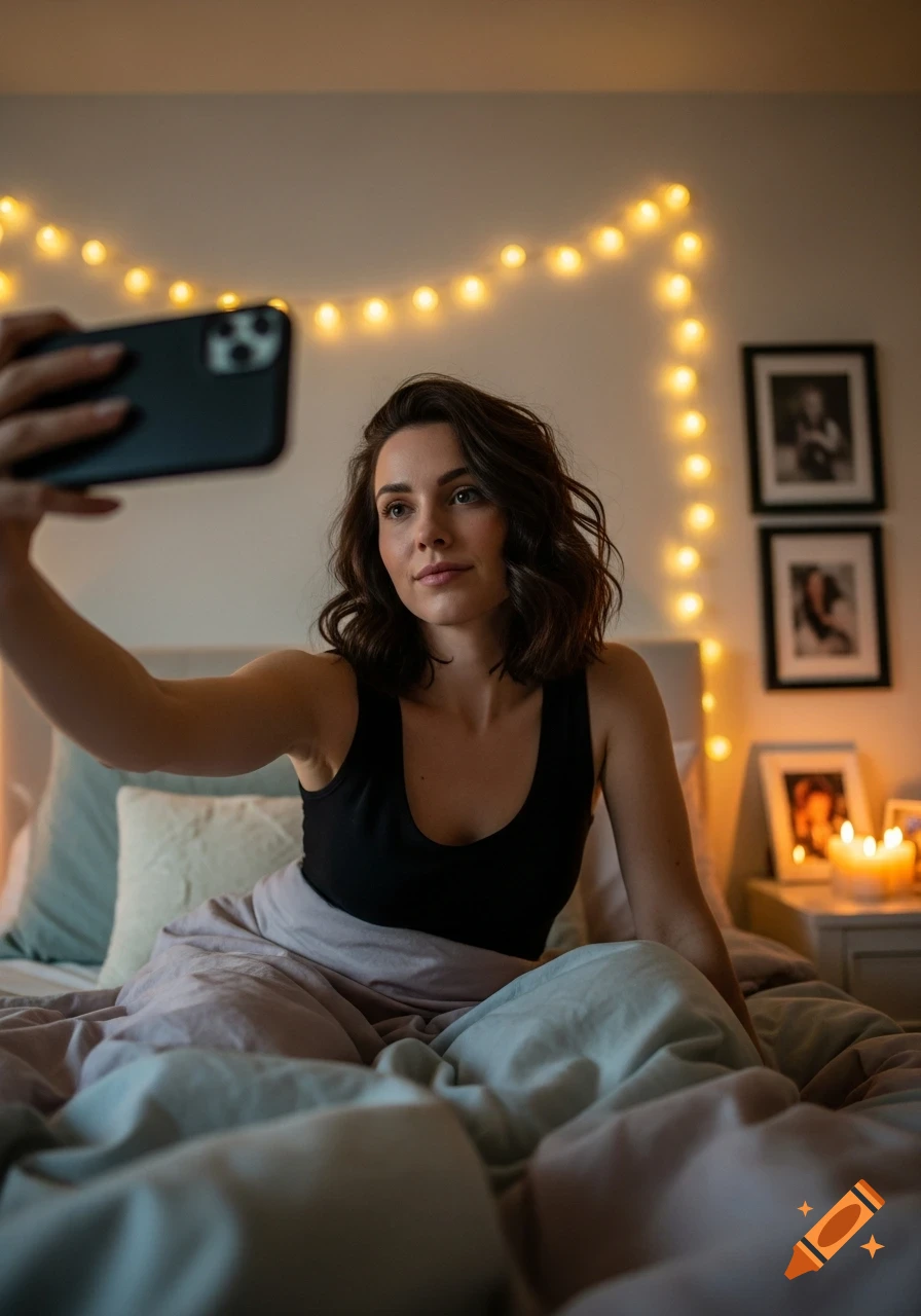A woman in a black tank top takes a selfie from her bed, illuminated by warm string lights and candles.