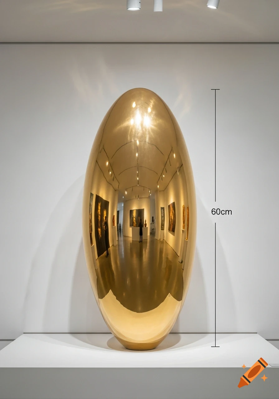 A large, shiny golden oval sculpture on a white pedestal in a modern art gallery, with a 60cm height measurement shown.