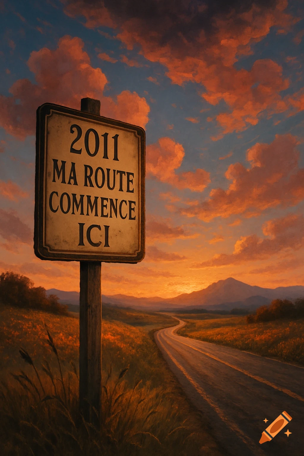 Scenic sunset landscape with a winding road and a sign reading '2011 MA ROUTE COMMENCE ICI' in a field.