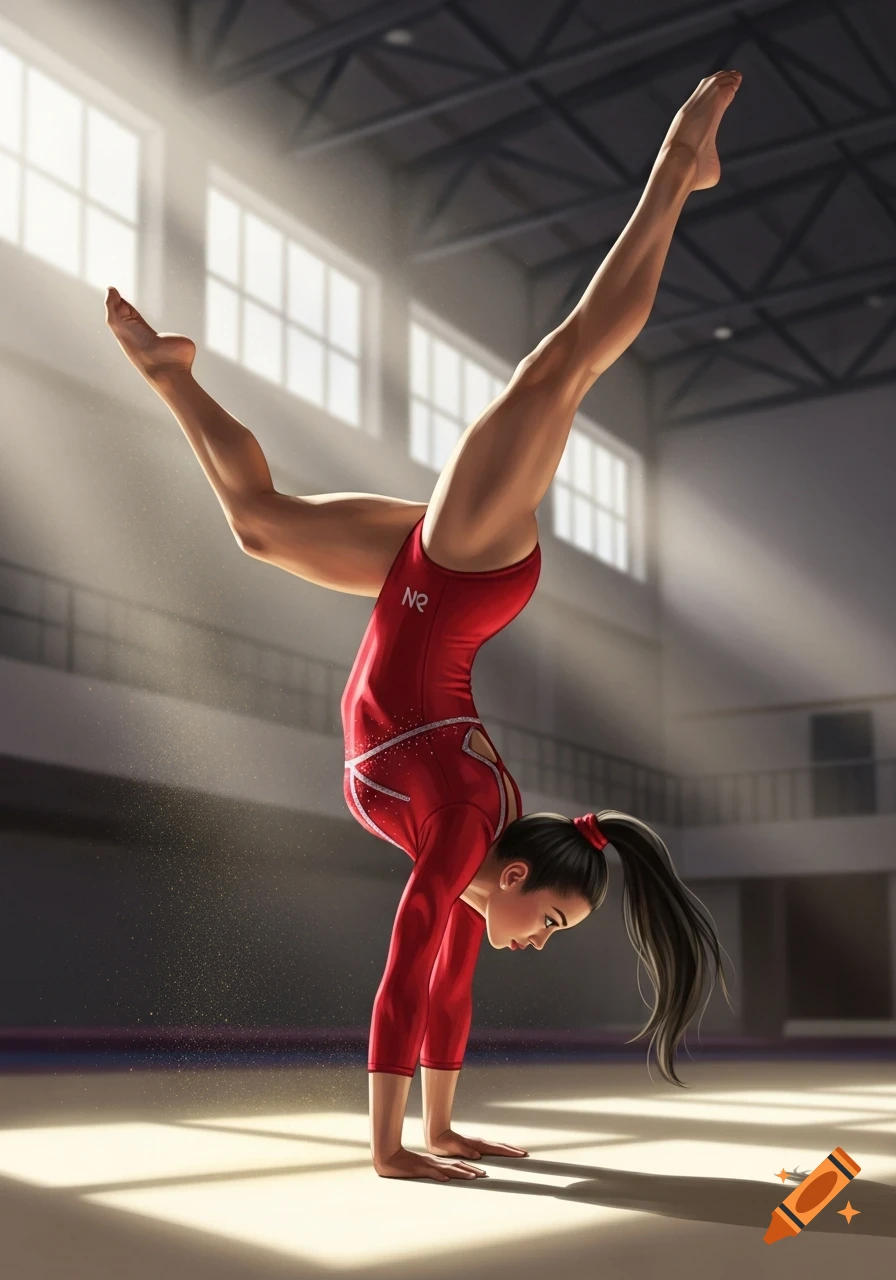 An illustration of a female gymnast in a red leotard performing a handstand in a brightly lit gym.