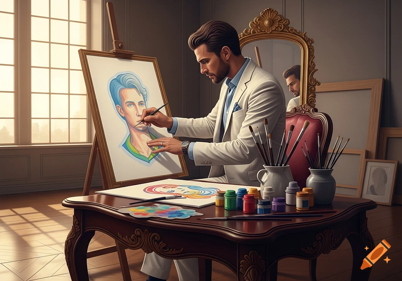A man in a white suit meticulously paints a colorful portrait of a man on an easel in an elegant, sunlit room.