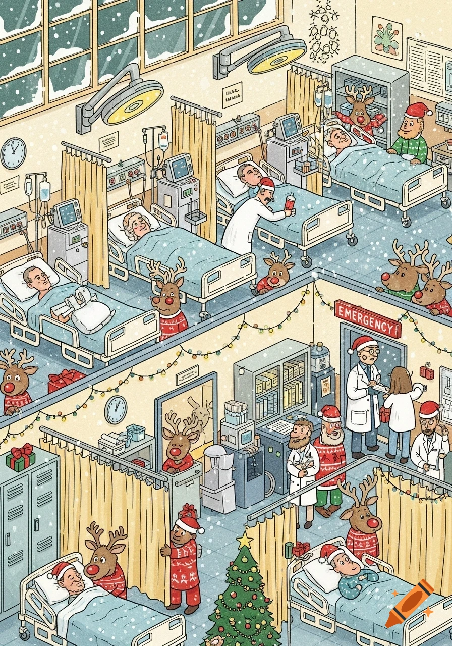 An isometric cartoon illustration of a bustling Christmas-themed hospital ward with doctors, patients, and hidden reindeer amongst the festive decorations and falling snow.