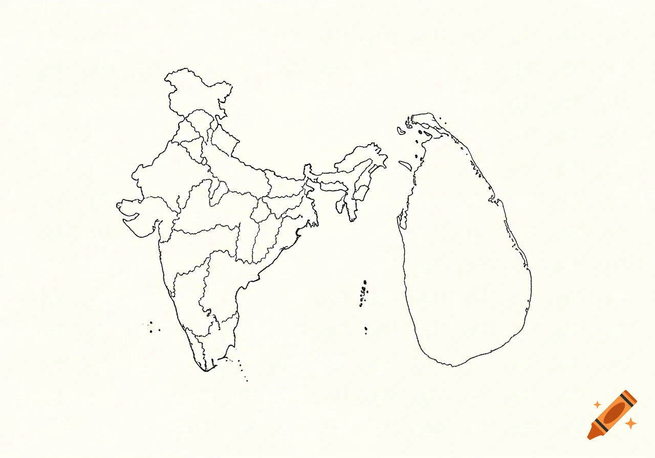 Black outline map of India with state borders next to Sri Lanka on a white background.