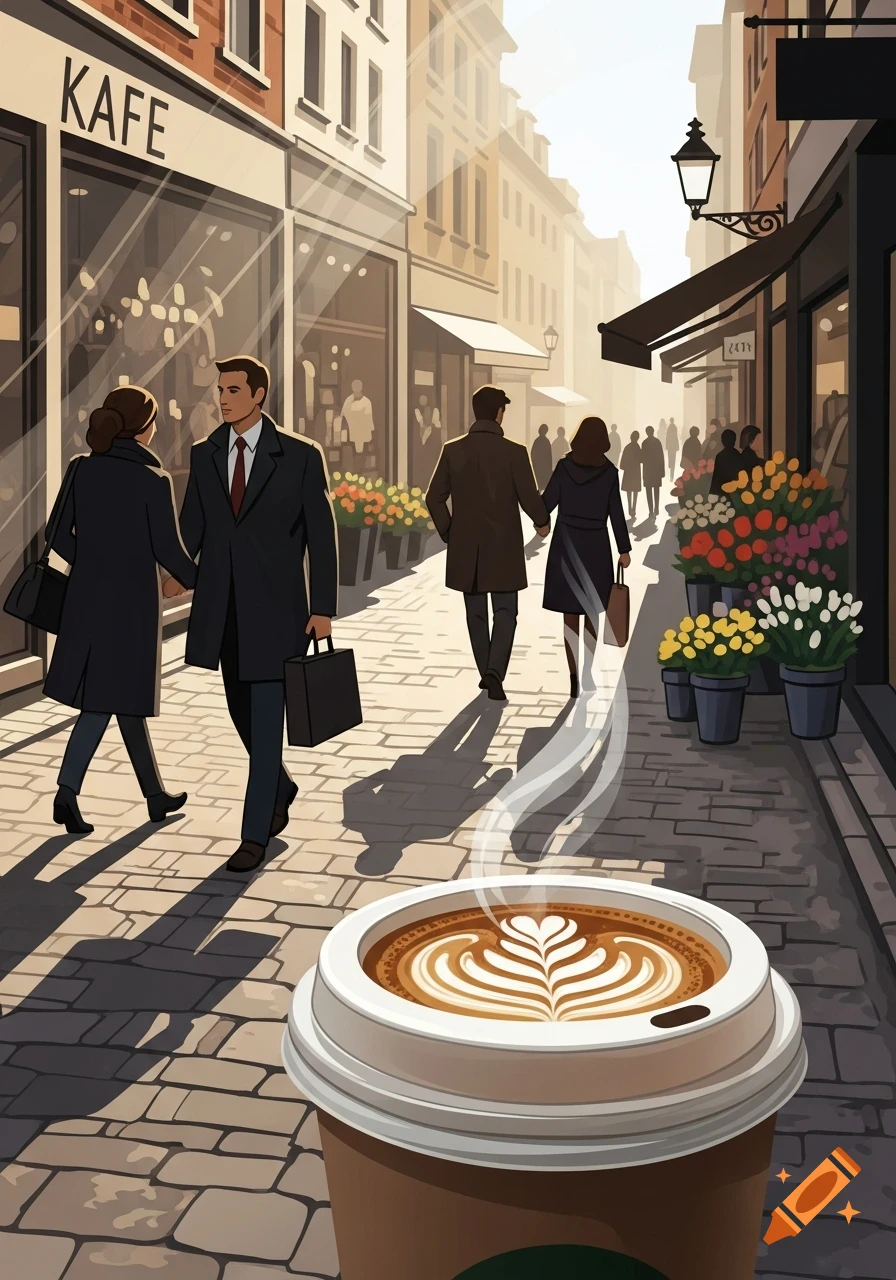 A stylized illustration of a bustling European street scene with people walking past shops and flower stands, featuring a large coffee cup in the foreground.