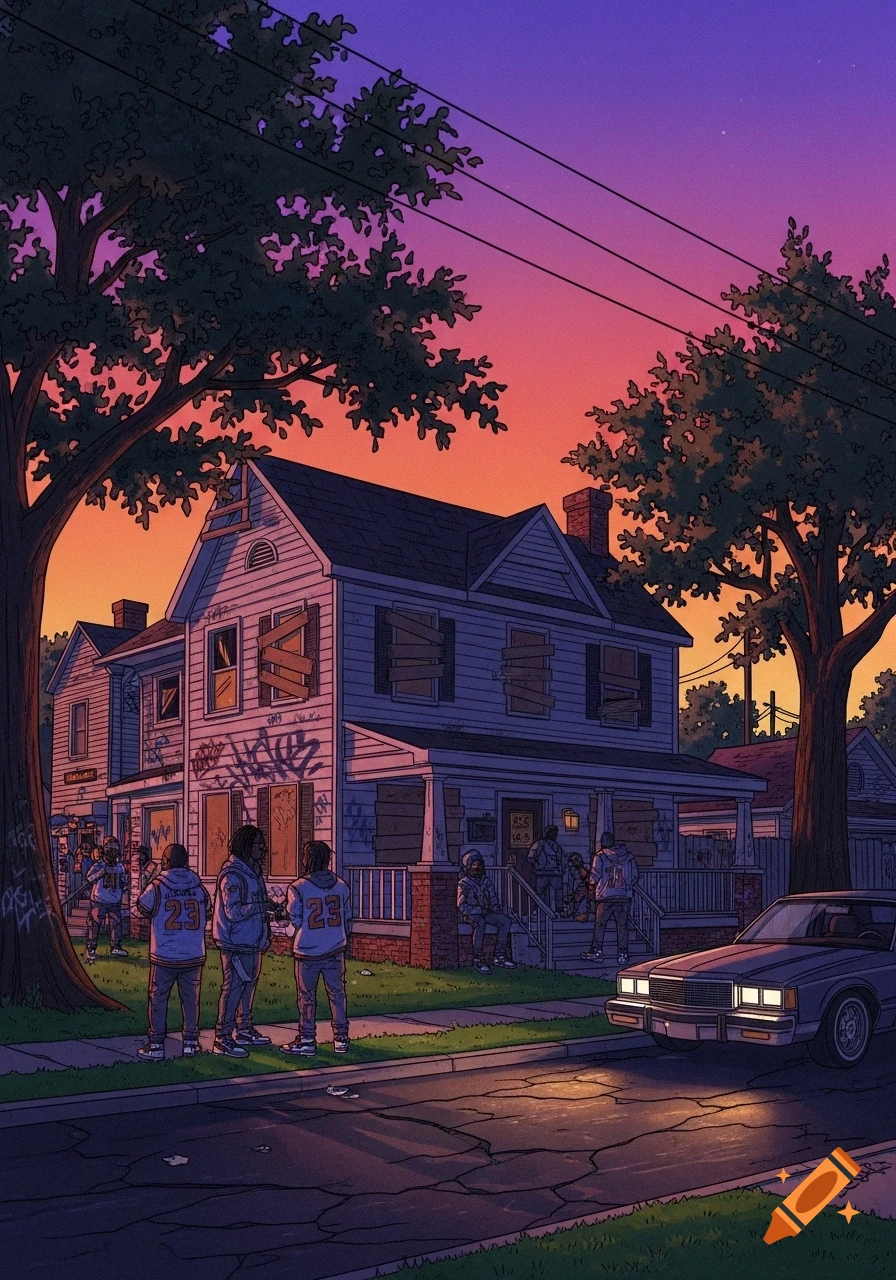 An illustration of a run-down house with boarded windows and graffiti, surrounded by people and a car, set against a vibrant sunset sky.