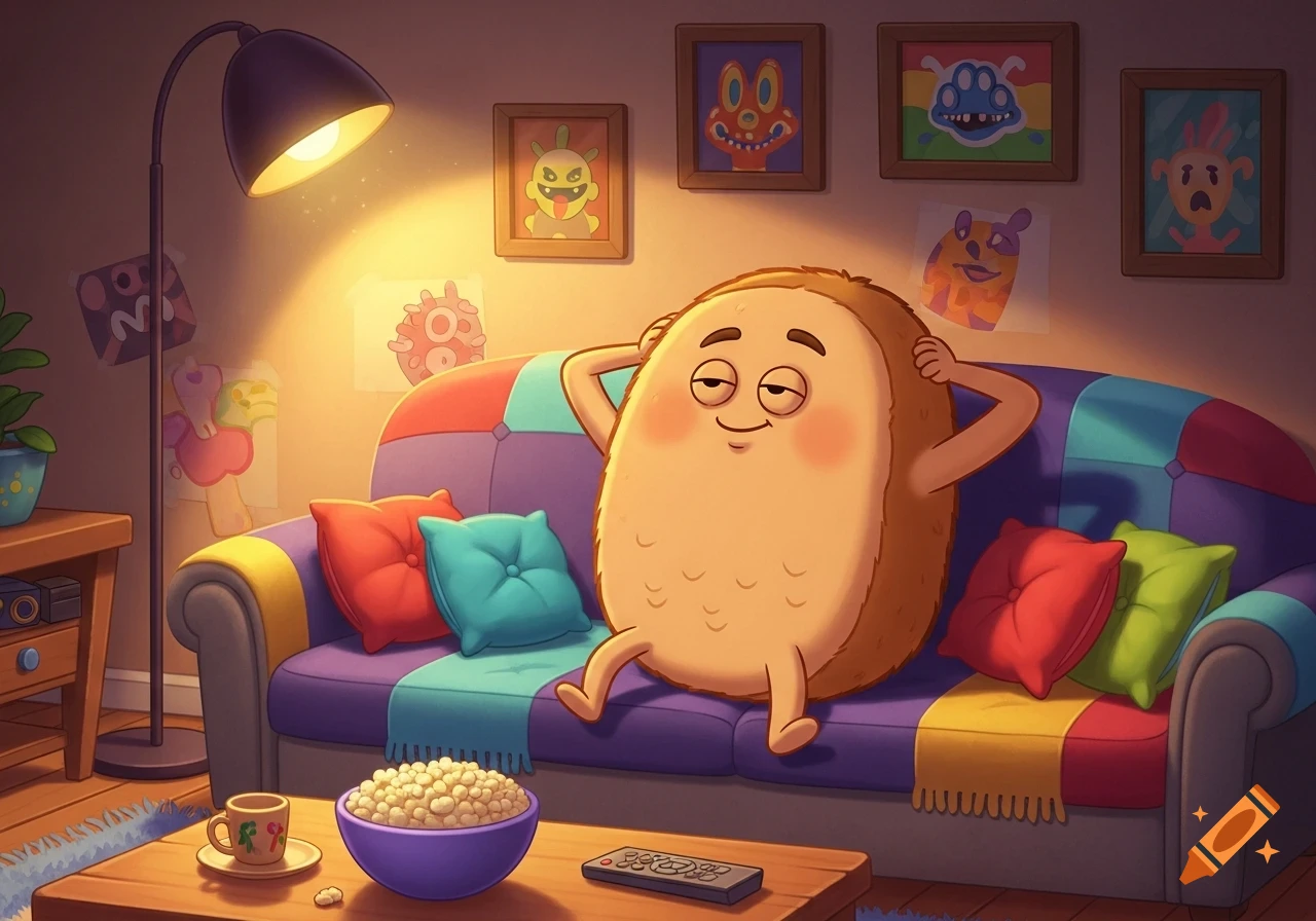 A cartoon potato character relaxes on a colorful couch, surrounded by popcorn and quirky framed art, in a cozy living room.