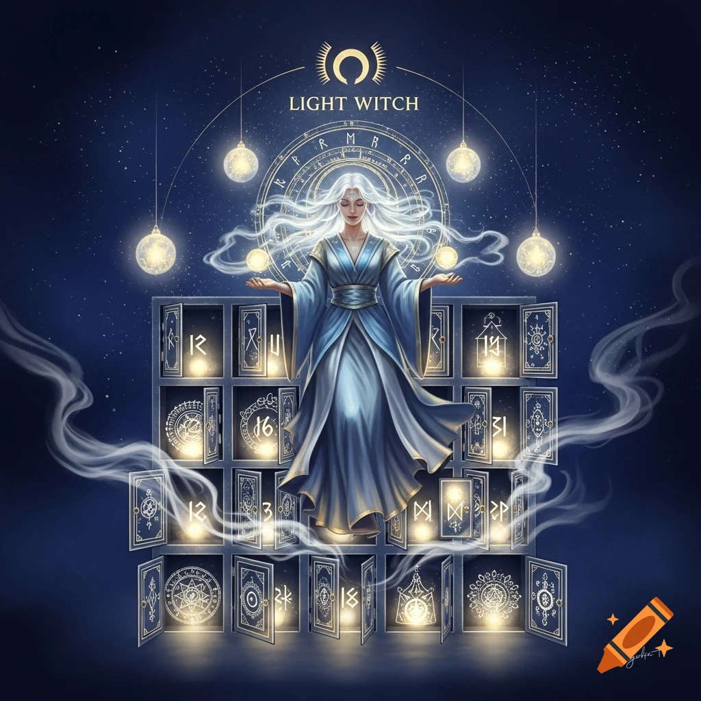 A white-haired witch in a blue gown stands with arms outstretched, holding glowing orbs, surrounded by an advent calendar with glowing rune-filled doors, under a starry sky with a full moon and text 'LIGHT WITCH'.