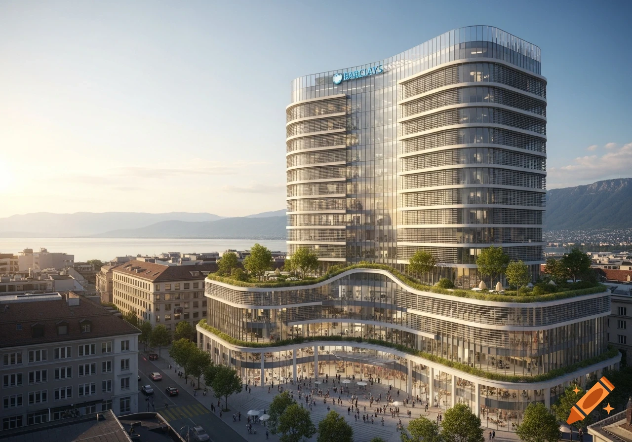 Photorealistic image of a modern, curved glass Barclays building with green terraces, a public plaza, a city, lake, and mountains.