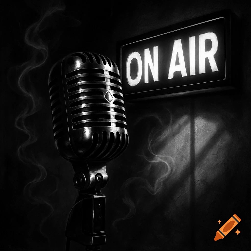 A vintage black and white image of a radio studio microphone with a glowing "ON AIR" sign, featuring dramatic shadows in a film noir style.