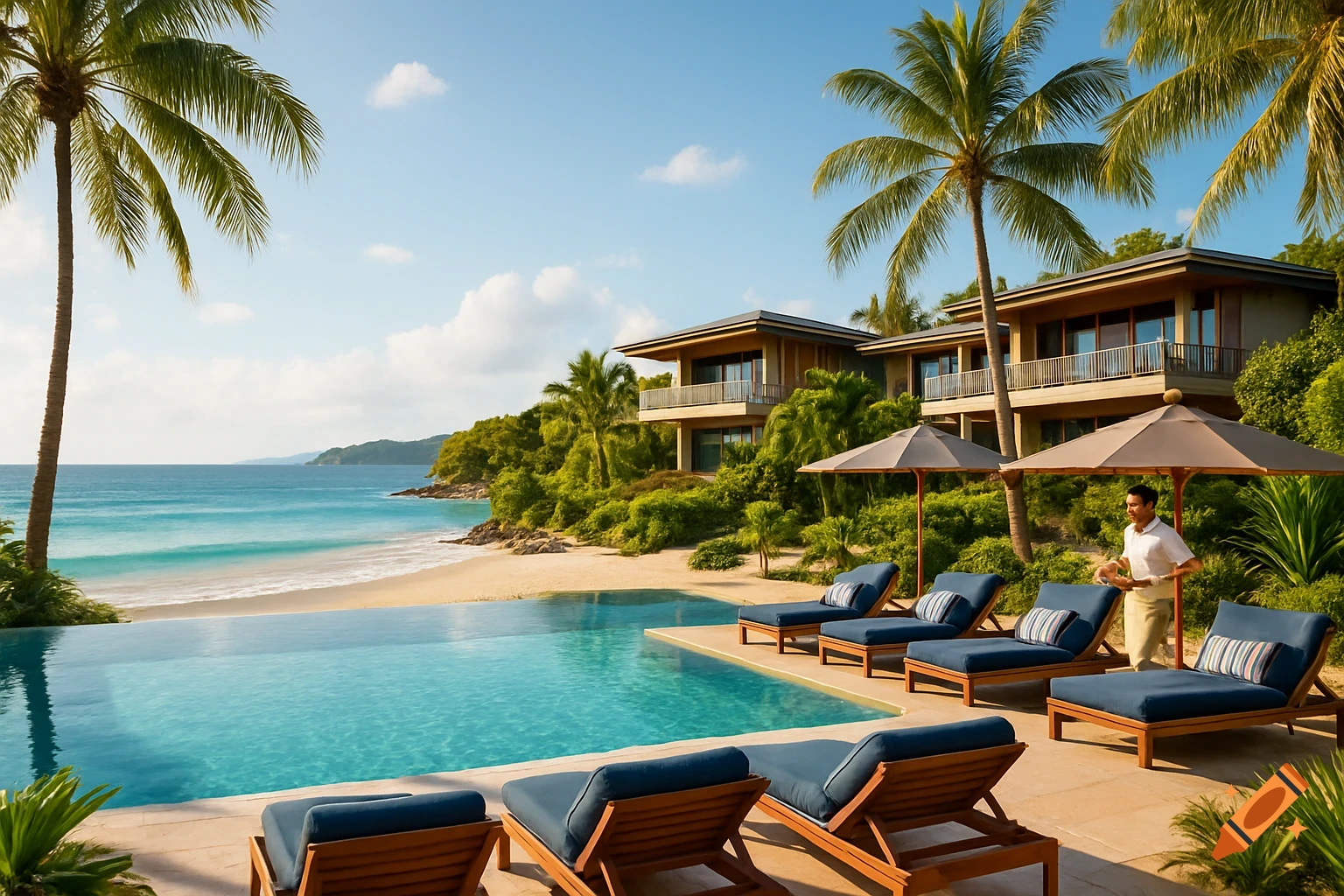 Photorealistic image of a luxury beachfront resort with an infinity pool, palm trees, lounge chairs, and a staff member.