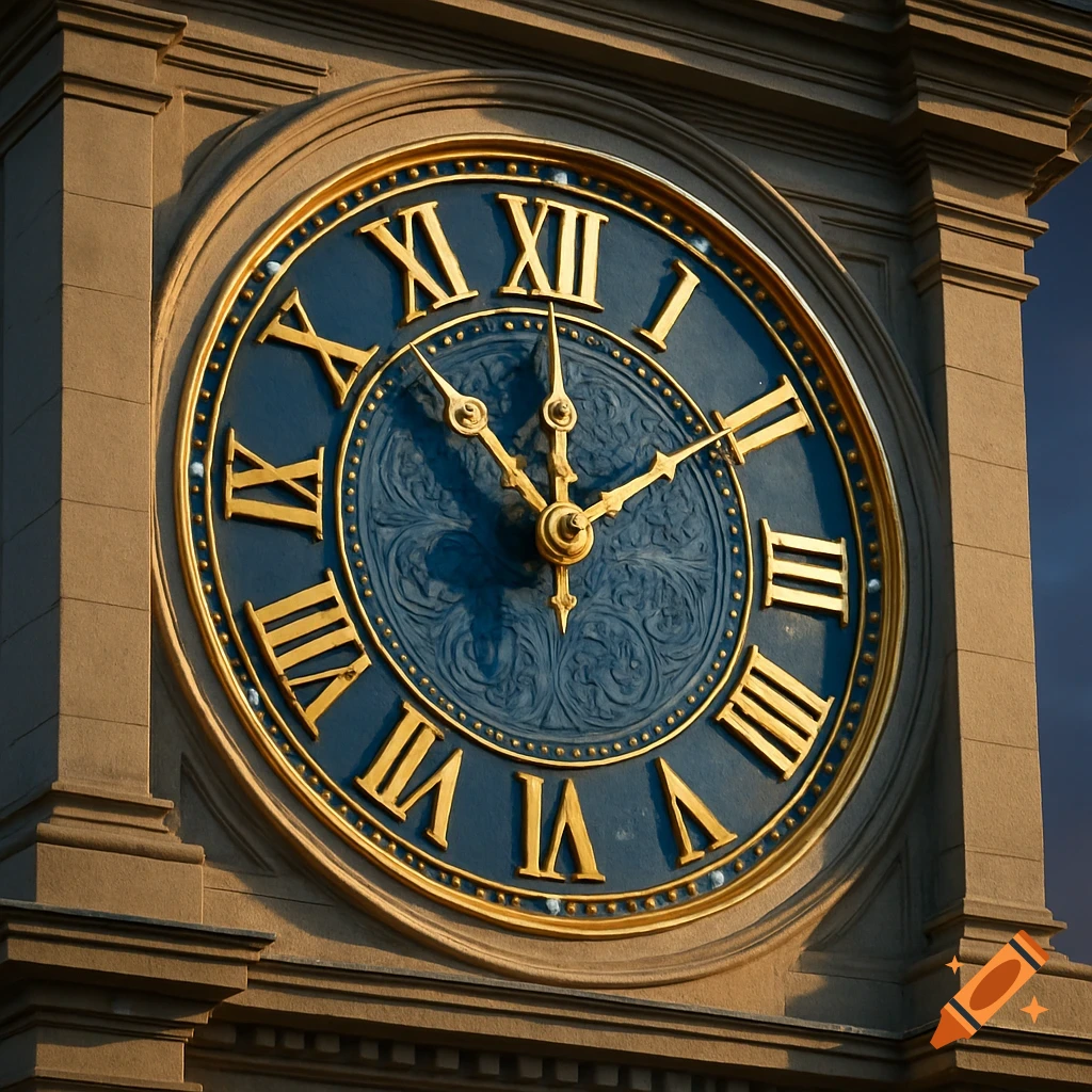 A detailed close-up of a large outdoor clock face with a blue center and golden Roman numerals, set in a stone tower, hands show 5 to 12.