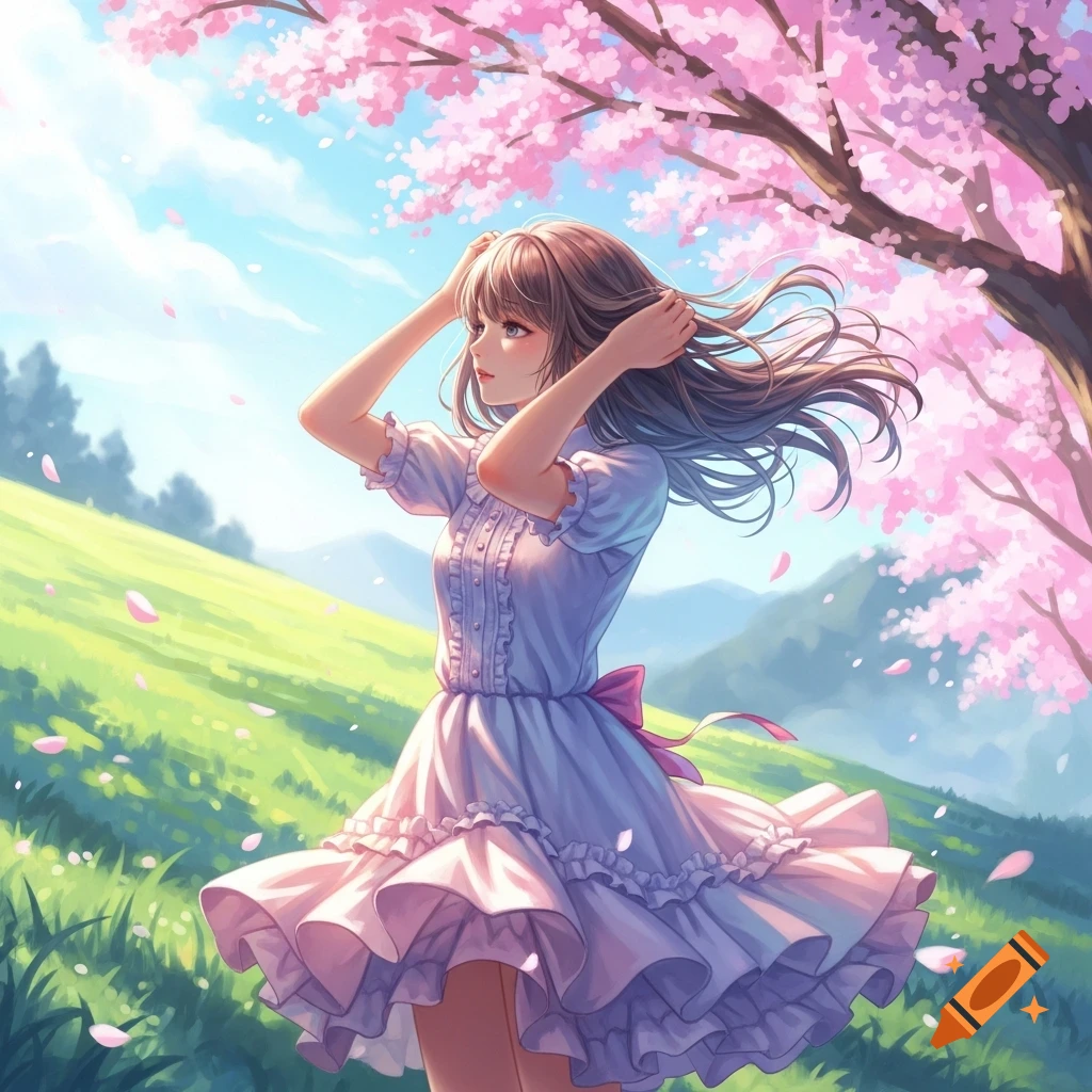 An anime girl in a white dress adjusting her long hair under a cherry blossom tree, with petals falling onto a green field.