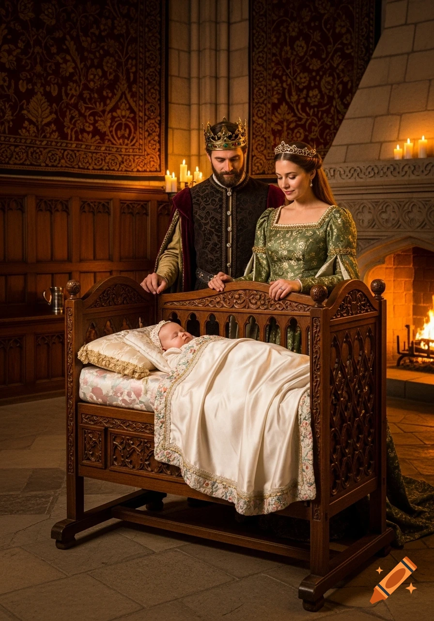 A king and queen gaze lovingly at a sleeping baby in an ornate wooden crib inside a castle chamber with a lit fireplace.