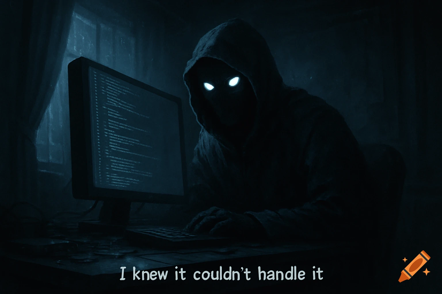 A dark, hooded figure with glowing eyes sits at a computer, text 'I knew it couldn't handle it' below.