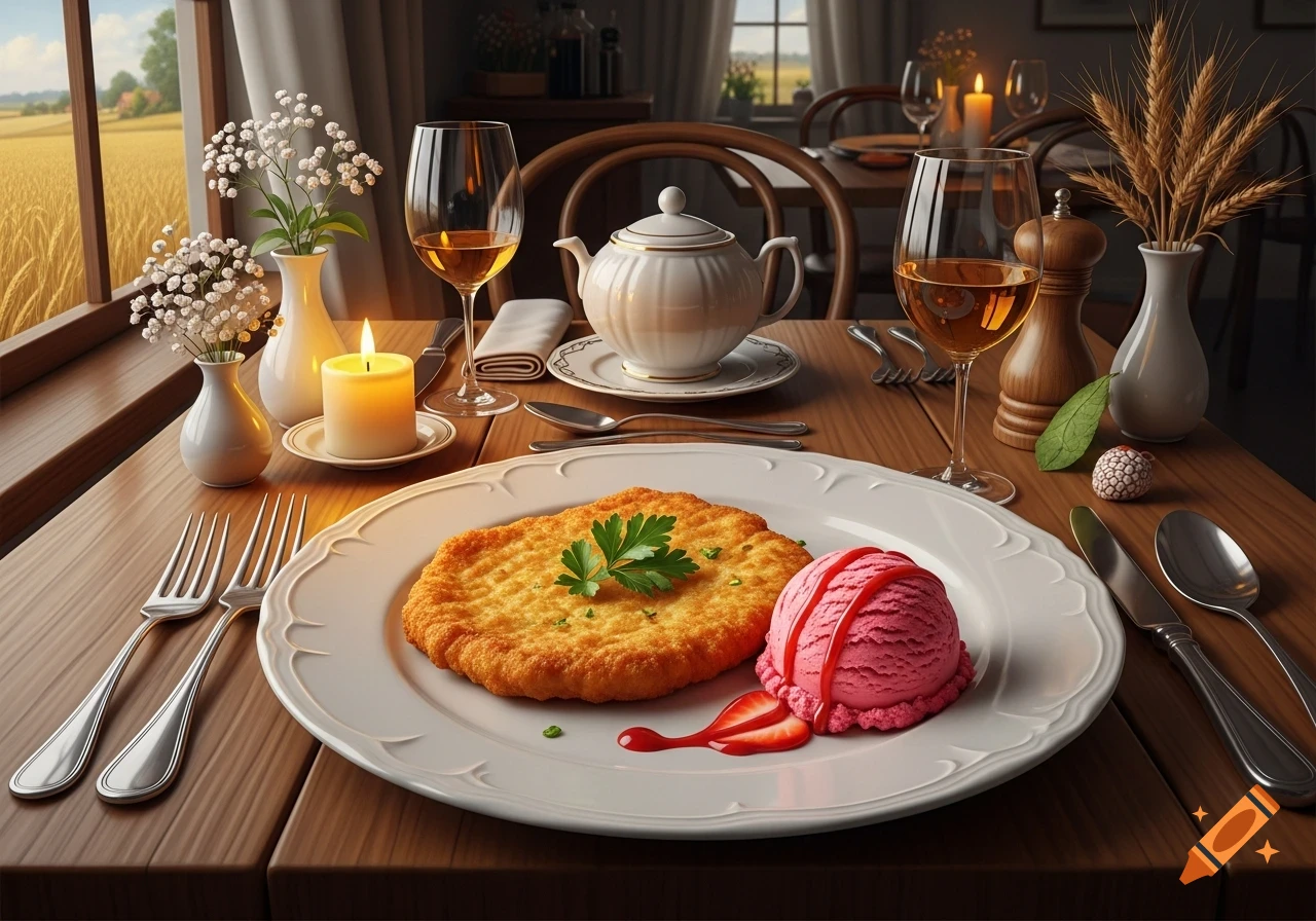 A plate with a golden fried cutlet and strawberry ice cream on a set dining table, with wine and a wheat field view. Photorealistic.