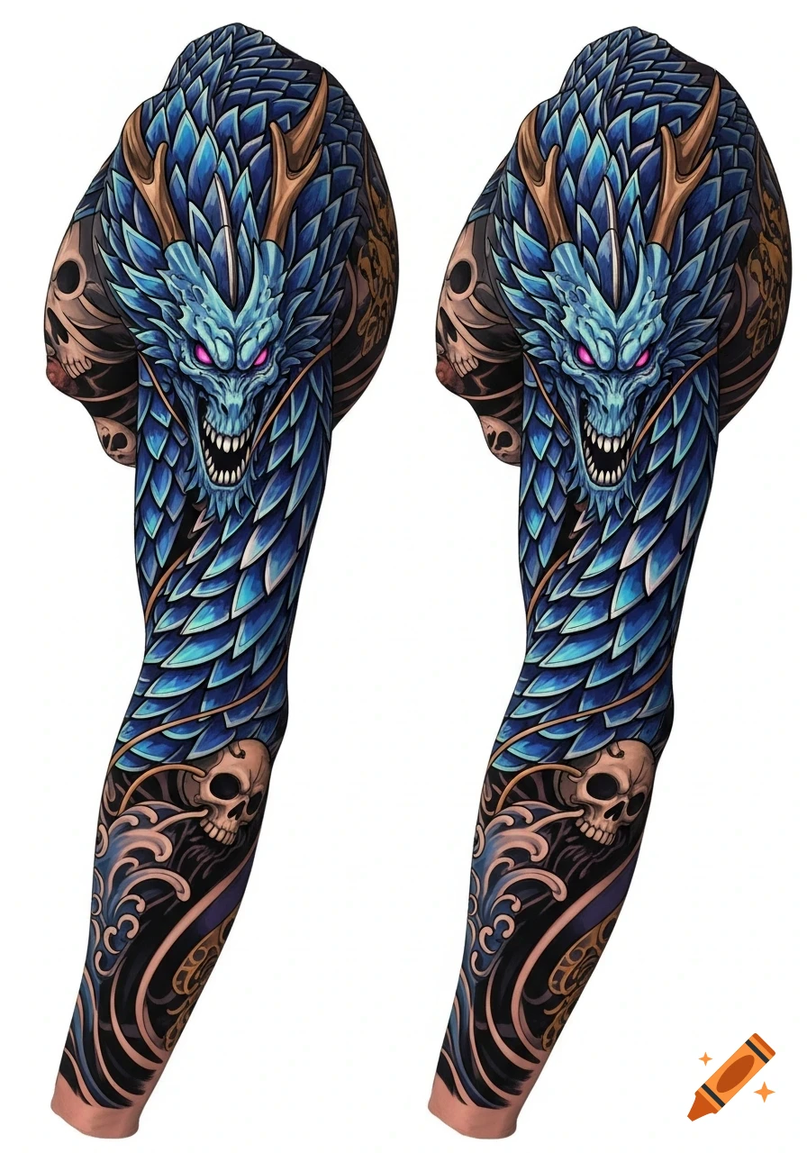 Two vibrant blue dragon and skull themed full arm tattoo sleeves, featuring intricate scales and patterns on a white background.
