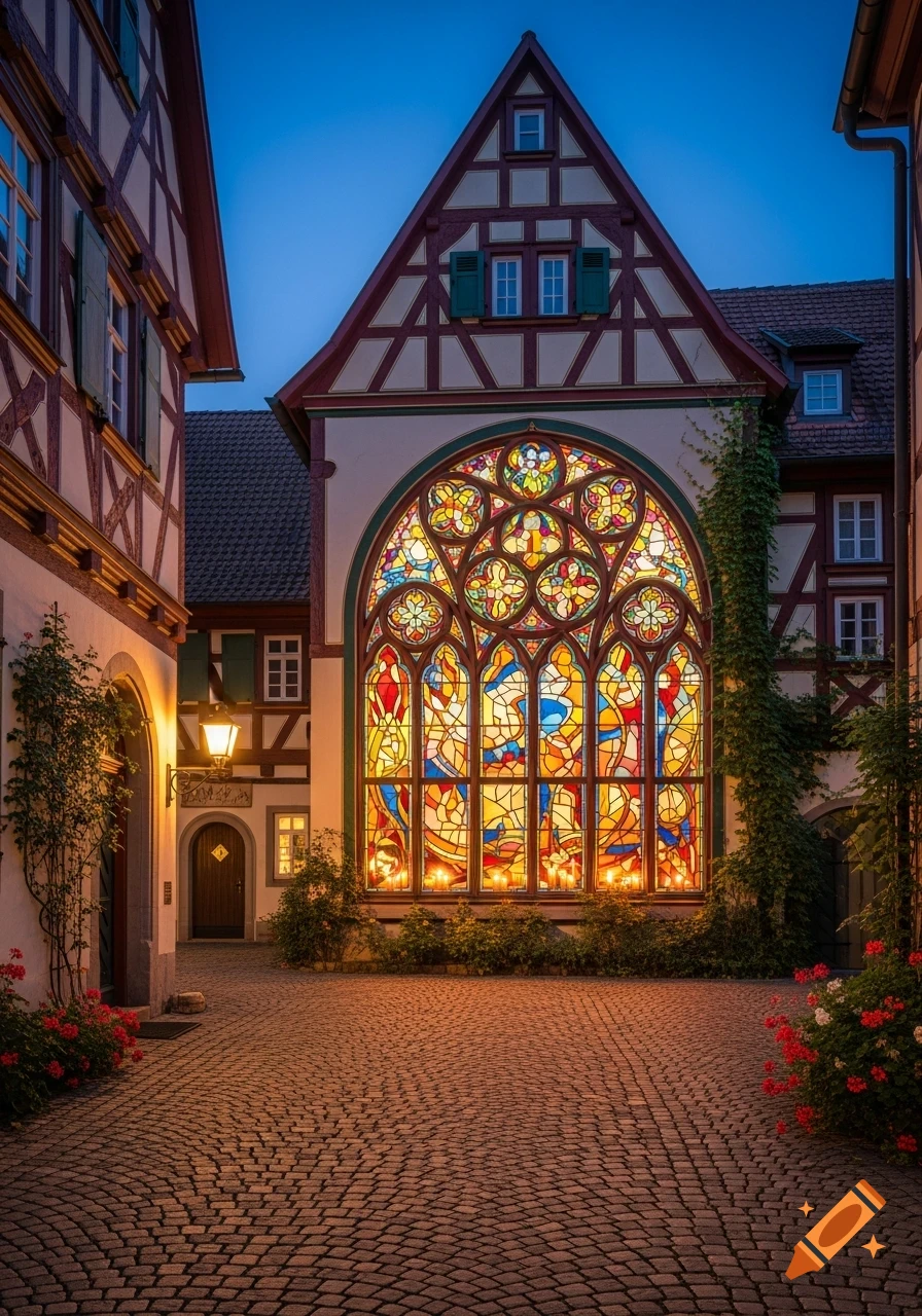 A charming cobblestone alley at dusk, illuminated by a large, ornate stained glass window in a gabled, half-timbered building and a vintage street lantern.