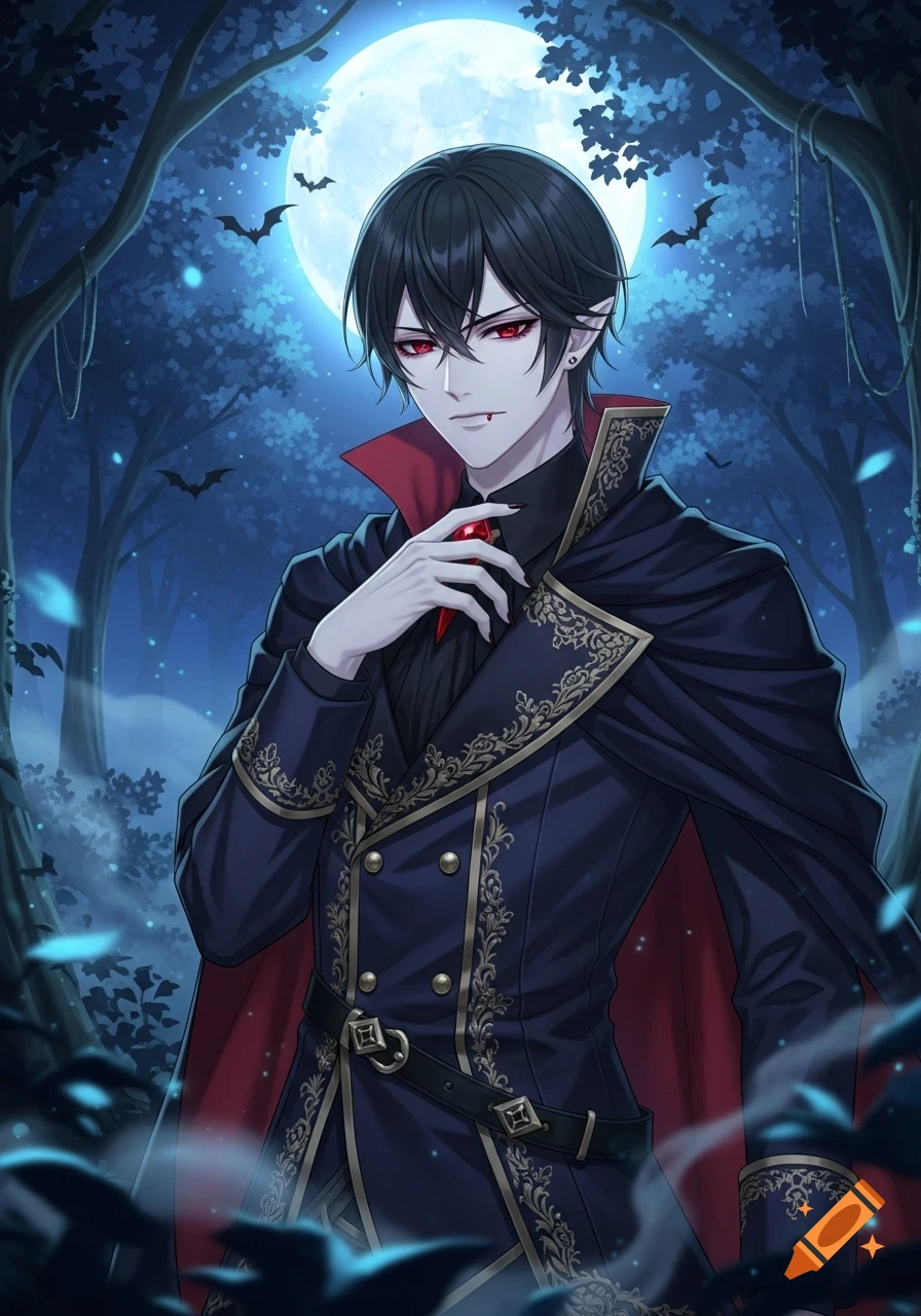 Anime vampire boy with red eyes and fangs, wearing an ornate blue and gold cape, stands in a dark forest under a full moon with bats.