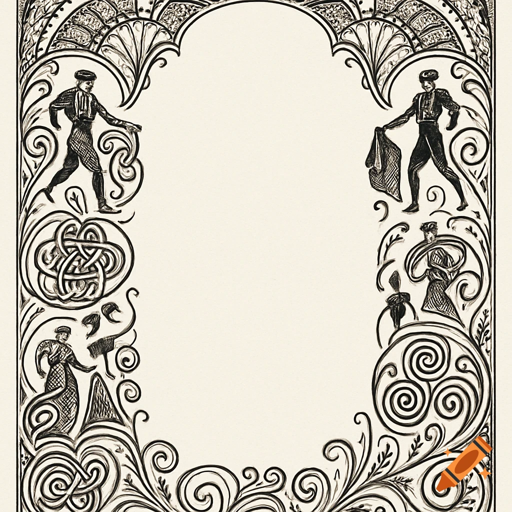 Black and white decorative border featuring Spanish bullfighters and Irish Celtic knots in an illustrative style.