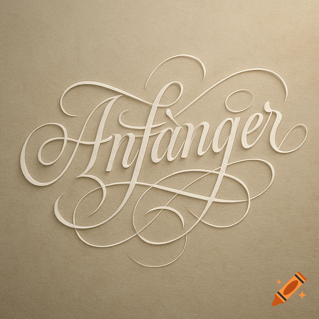 The word Anfänger in elegant white script lettering with flourishes on a textured beige background.