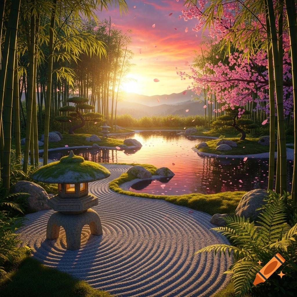 A serene Japanese Zen garden at sunset with a stone lantern, raked sand, a pond, bamboo trees, and falling pink cherry blossoms.