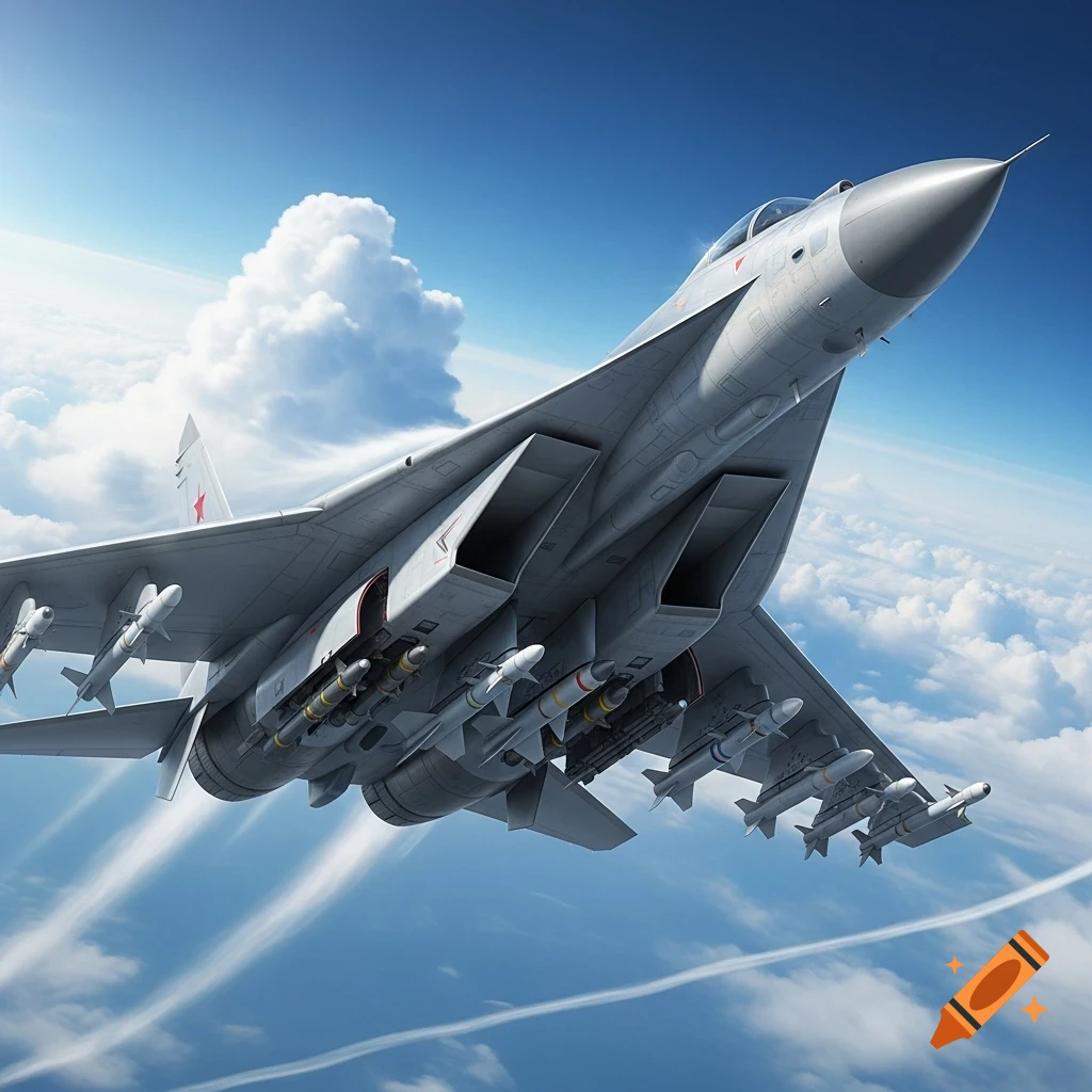 A grey fighter jet armed with missiles soars through a blue, cloudy sky.