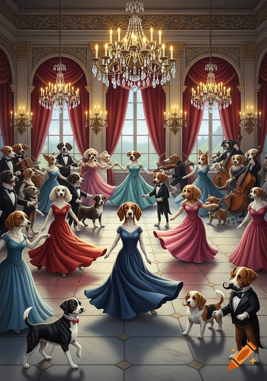 Anthropomorphic dogs in dresses and suits dance in a grand ballroom with chandeliers.