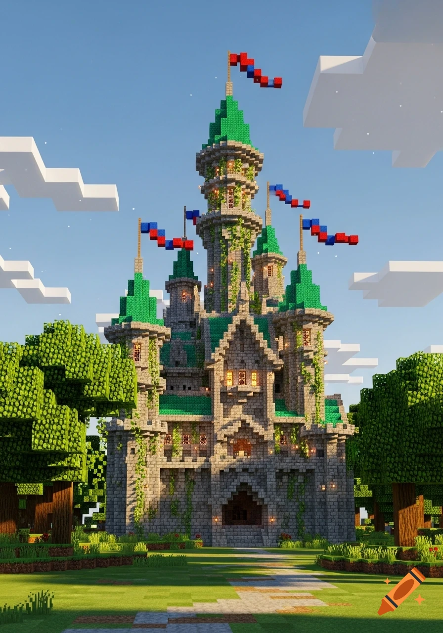 A blocky Minecraft-style fantasy castle with green roofs, stone walls, and red and blue flags, surrounded by trees and grass under a blue sky.